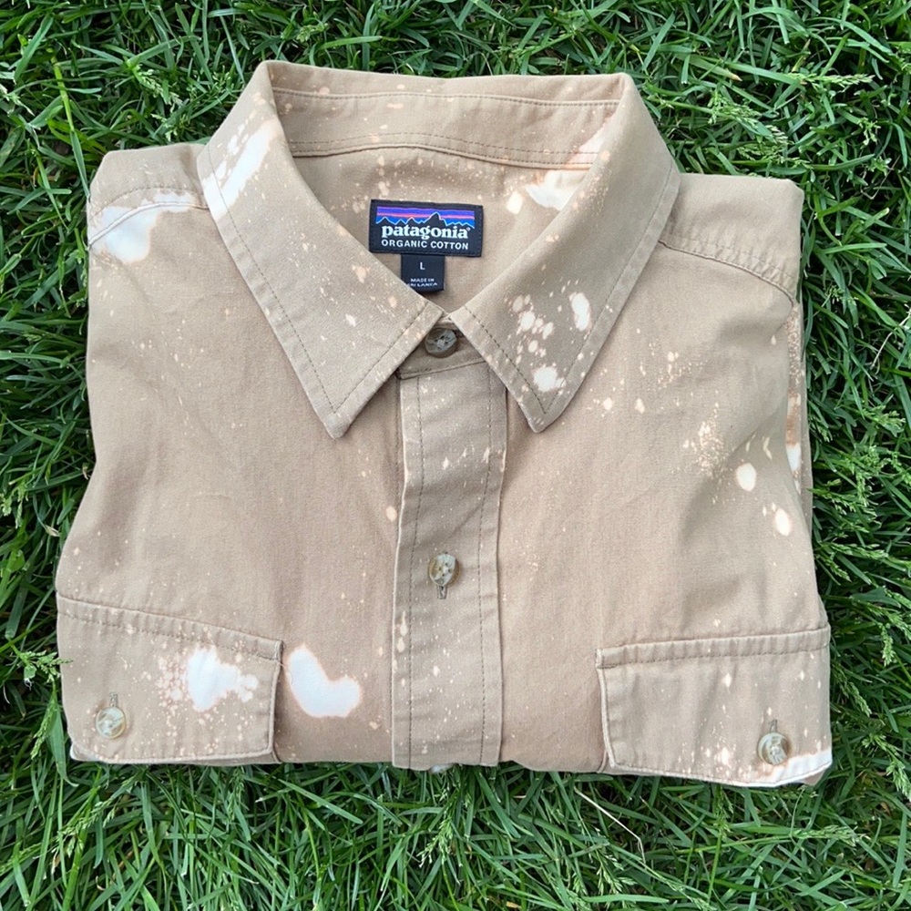 Patagonia Tan Button-Down Casual Shirt with White Bleach Splatter